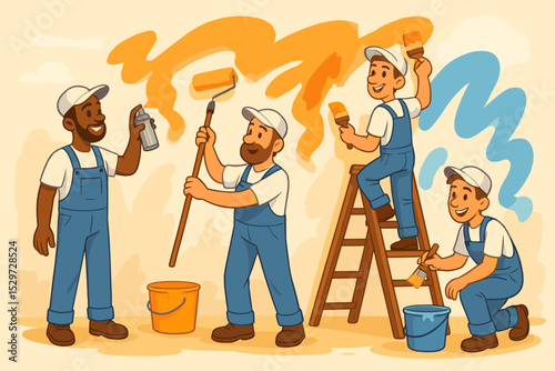 Team of diverse painters decorating a wall. Men in uniform working on home improvement. Professional workers with paint roller, brush, spray can. Renovation service concept cartoon.