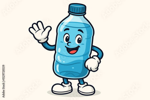 Cartoon water bottle mascot character waving. Happy smiling plastic bottle personage. Concept for hydration, healthy lifestyle, pure drink. Isolated vector illustration for branding.