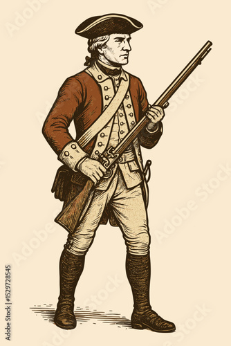 Historical 18th century soldier illustration, vintage engraving style. American Revolutionary War concept. Colonial patriot or minuteman infantryman holding a flintlock musket.