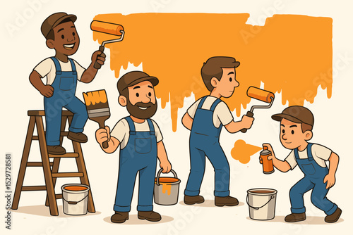Team of diverse cartoon painters working together. Professional decorators painting a wall with orange paint using rollers and brushes. Home improvement, renovation service concept.