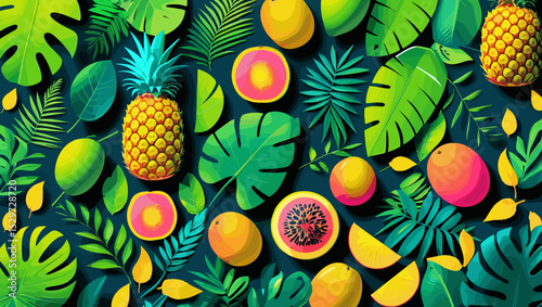 Tropical fruits and leaves in vibrant colors on a dark background with copy space