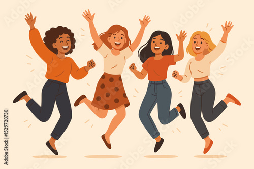 Happy diverse women jumping and celebrating. A group of joyful female friends having fun together. Concept of friendship, unity, girl power, success, and freedom. Vector.