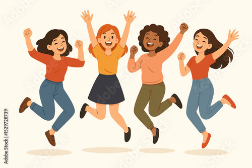 Happy multicultural women friends jumping with joy. Group of diverse girls celebrating success and freedom. Concept of sisterhood and female empowerment. Flat cartoon vector design.
