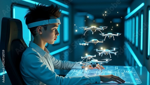A young Asian female engineer controls multiple drones with a futuristic interface, showcasing innovation in technology.