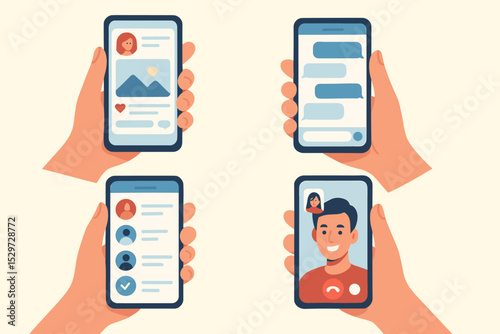 Hands holding smartphones showing communication app interfaces. Vector set with video call, social media feed, text chat bubbles, and online contact list. Digital connectivity concept.
