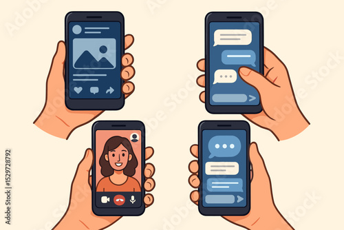 Digital connectivity concept. Hands holding phones with social media feed, chat message bubbles, and video call screen. Mobile communication and online networking vector set.