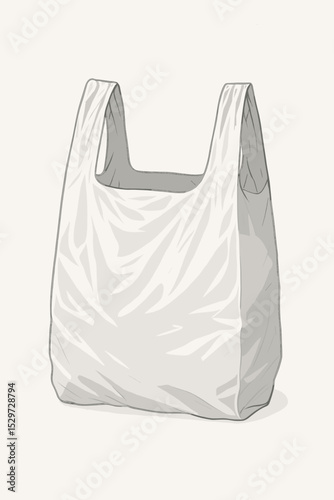 Empty white plastic shopping bag vector illustration. Isolated disposable carrier bag for retail and groceries. Symbol of consumerism, single-use waste, and environmental pollution.