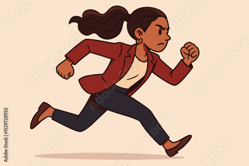 Ambitious businesswoman running with determination. Cartoon character rushing to a deadline. Concept of the career race, competition, motivation, and corporate success. Vector.