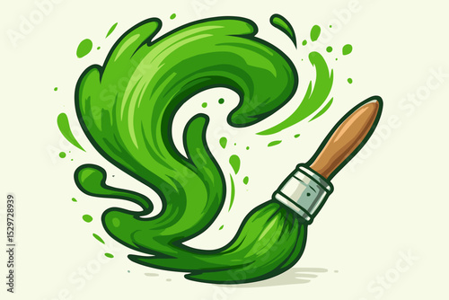 Paintbrush with green paint creating a dynamic swirl stroke. Abstract splash concept for art, creativity, and eco ideas. Vector illustration icon for nature or organic themes.