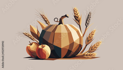 Geometric autumn still life with pumpkin, apples, and wheat on a neutral background with copy space