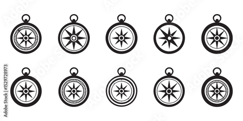A set of nine simple, black and white vintage compass icons, perfect for use in graphic design projects, web sites, print materials, or as a pattern vector art on white