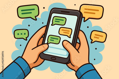 Hands holding smartphone and texting message. Person using mobile phone chat application. Communication, social media concept. Online conversation with speech bubbles. Cartoon vector.