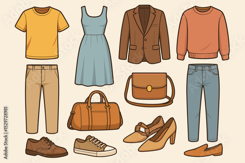 Fashion clothes collection. Vector set of men's and women's apparel. Casual wardrobe with dress, jacket, pants, jeans, sweater, shoes and bags. Flat design clothing icons set.
