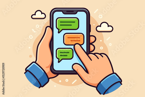 Hands holding smartphone and texting in messenger app. Online chat conversation with text messages on mobile phone screen. Social media communication concept. Vector cartoon illustration.