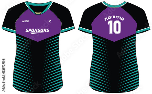 Women Sports Jersey t-shirt design Flat sketch Illustration, abstract degrade stripe pattern V Neck t shirt for Ladies Volleyball jersey, Football, badminton, Soccer and netball, Sport uniform kit
