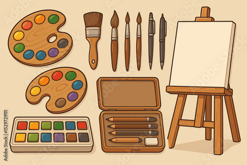 Art supplies vector collection. Artist tools for painting and drawing. Easel, canvas, palette, watercolor, brushes, pencils, and pens. Hobby, school, creativity concept illustration.