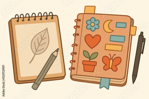 Cute cartoon illustration of a sketchbook with a leaf drawing and a planner with stickers. Creative hobby, journaling, and school supplies concept. Back to school, vintage style vector.