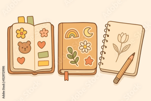 Cute sketchbook and journal set for creative hobbies. Hand-drawn vector illustration of notebooks with kawaii stickers, bear, rainbow, flowers. Concept for art and scrapbooking.
