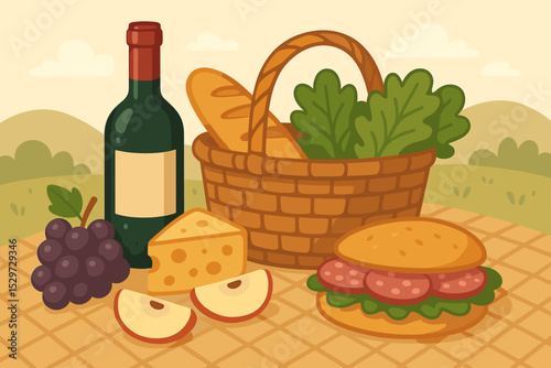 Summer picnic still life with food on blanket. Wicker basket with baguette, red wine bottle, cheese, grapes, apple and sandwich. Outdoor leisure concept on nature background.