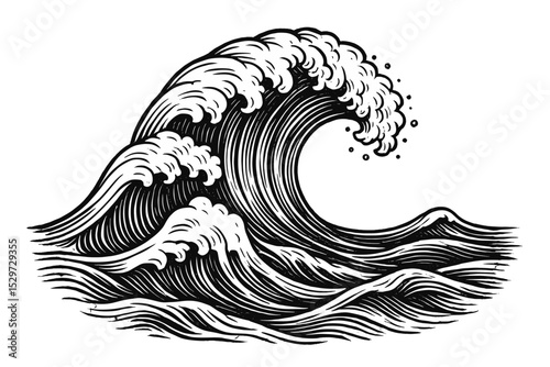 Great wave illustration in Japanese vintage woodcut style. Ocean sea storm with big waves. Ukiyo-e monochrome vector drawing. Black and white linocut art for tattoo or print.