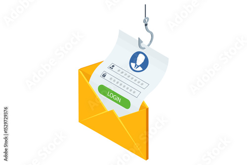 Isometric vector of a hooked login form pulled from an open yellow envelope by a fishhook, symbolizing hacker credential theft and deceptive phishing email. Phishing attack