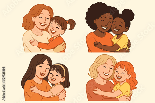 Mother and daughter hug vector set. Diverse families with different races. Multiethnic women and girls embrace. Happy multicultural family love concept. Cartoon illustration for Mother's Day.