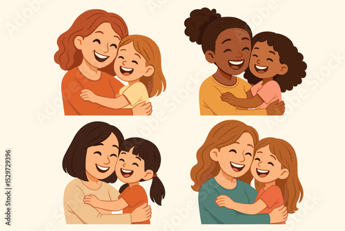 Set of happy mothers and daughters of different ethnicities hugging. Mother's Day concept. Family love, joy and relationship. Multicultural moms and kids embracing. Vector illustration.