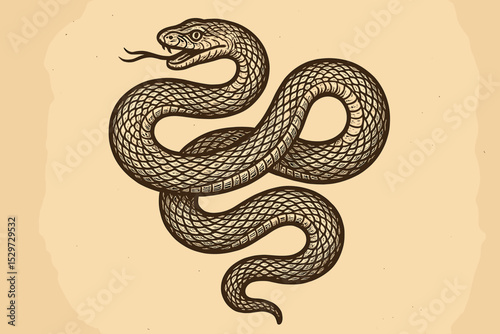 Vintage snake illustration in a detailed woodcut style. Hand drawn coiled serpent graphic for a tattoo design. Mystic reptile viper linocut vector. Esoteric or occult symbol.