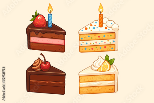 Birthday cake slices vector set. Cartoon dessert illustration collection. Chocolate strawberry, funfetti, Black Forest cherry, and lemon cake pieces with lit candles for a party.