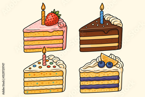 Birthday cake slice vector set. Cute cartoon dessert illustrations for a party celebration. Collection of sweet pastry with chocolate, strawberry, fruit and lit candles.
