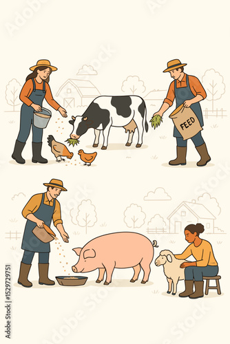 Diverse farmers feeding livestock set. Man and woman care for farm animals. Agriculture and farming concept. People feeding cow, pig, chicken, and sheep. Rural vector illustration.