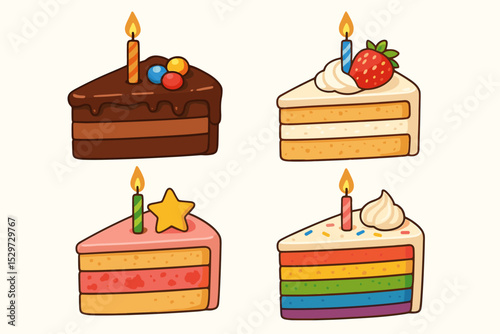 Set of birthday cake slices with candles cartoon vector illustration. Collection of desserts for party celebration. Chocolate, strawberry, rainbow, and star cake pieces isolated.