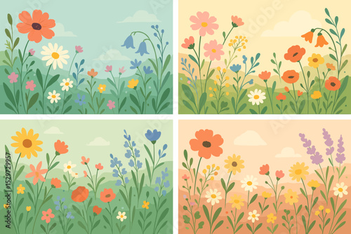 Wildflower meadow background set. Collection of four colorful spring floral vector illustrations. Cute blooming flower banners for greeting cards, posters, or nature-themed web design.