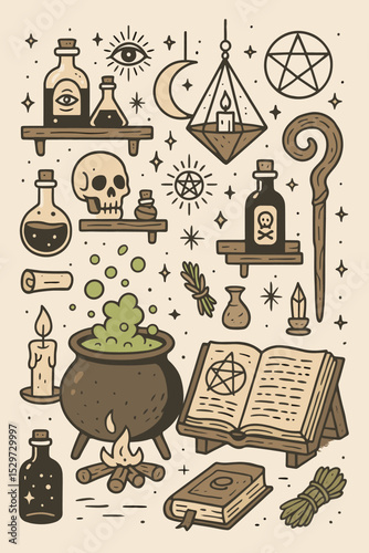 Magic witchcraft vector collection. Occult alchemy symbols and esoteric wizardry elements. Set with cauldron, potion, skull, spell book, pentagram, moon, and all-seeing eye.