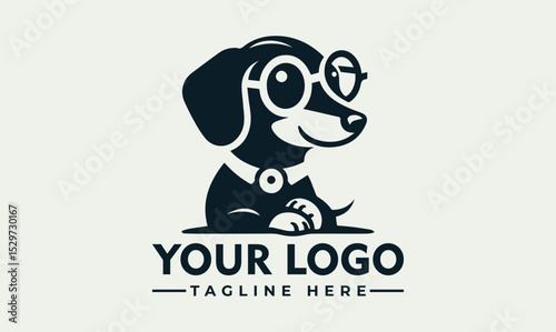 Stylized illustration of an intelligent dog head wearing large round glasses and a classic tie. Smart animal concept