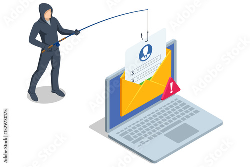 Isometric vector of a hooked login form pulled from an open yellow envelope by a fishhook, symbolizing hacker credential theft and deceptive phishing email. Phishing attack