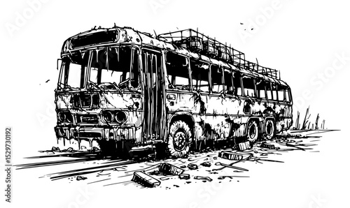 abandoned rusty bus on damaged road in apocalyptic vector scene