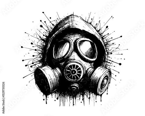 hooded figure wearing gas mask with splatter effect vector