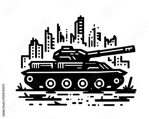 tank in destroyed city landscape vector illustration