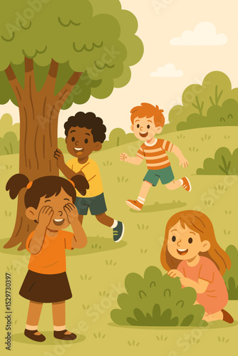 Happy children playing hide and seek in the park. Diverse group of kids enjoying a fun summer game outdoors. Cartoon vector illustration of childhood, friendship, and multicultural play.