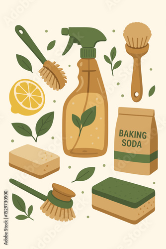 Eco friendly cleaning essentials set. Natural household cleaners concept. Zero waste sustainable living. Green cleaning products with baking soda, lemon, brush, sponge vector.