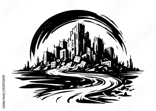 abandoned city skyline with curved road in stylized vector drawing