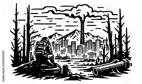 postapocalyptic survivor watching destroyed city skyline vector