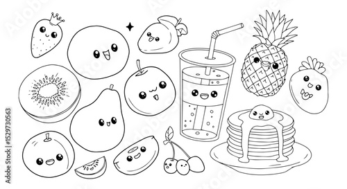 cute kawaii fruit and food doodles vector illustration