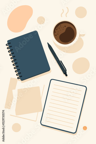 Flat lay illustration of a modern workspace with coffee cup, notebook, and pen. Top view of a desk for work from home, remote work, studying, or journaling. Morning routine.