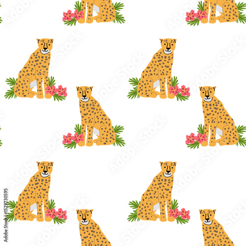 Vibrant cheetahs with tropical flowers and leaves pattern for decorative design.