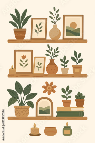 Cozy home decor on wooden shelves illustration. Hand-drawn vector set with houseplants, picture frames, candles, and books. Hygge interior concept. Boho Scandi style elements.