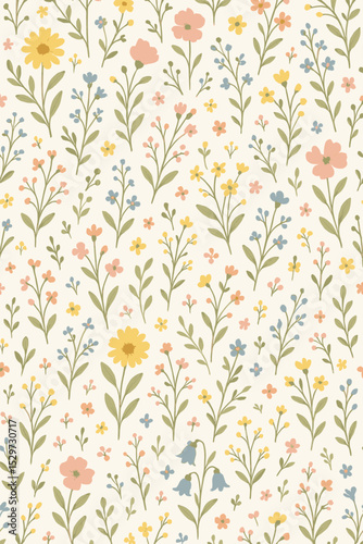 Seamless pattern with cute hand-drawn wildflowers. Vintage floral meadow background. Botanical ditsy print for textile, fabric, and wallpaper. Delicate summer garden illustration.