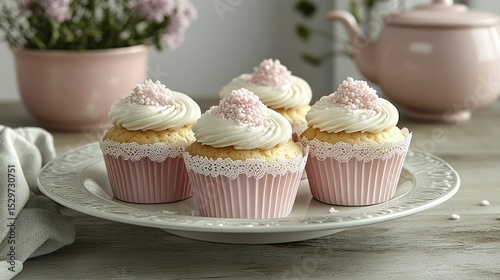 Four cupcakes, pink frosting, sprinkles