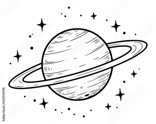 planet with rings and stars in cartoon space vector style
